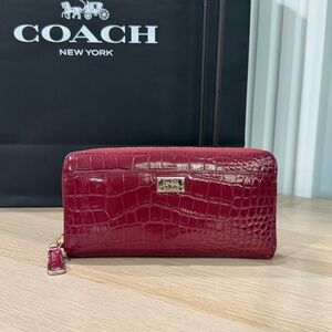 Coach Burgundy Crocodile Embossed Leather Large Accordion Zip Around Wallet